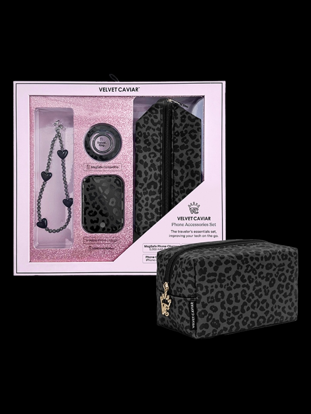 Velvet Caviar Black & Gray Leopard Phone Accessories Set